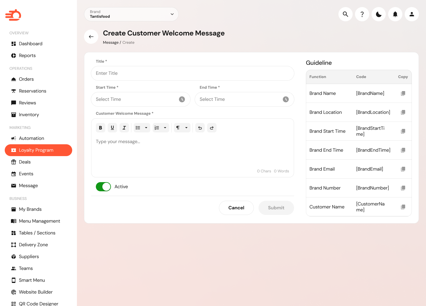 Orderific create customer welcome message screen built from shared form components